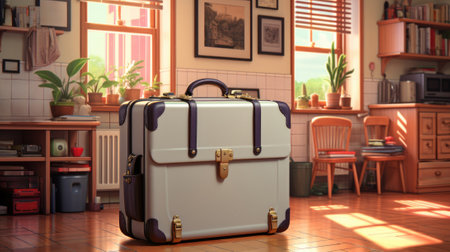 A white suitcase sitting on top of a hard wood floor, AIの素材