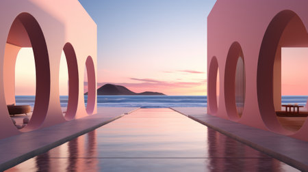 A view of the ocean from a pool at sunset, AIの素材
