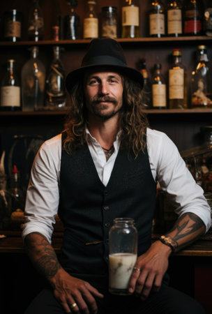 A man with long hair sitting at a bar with a glass of milk, AIの素材