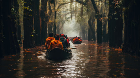 A group of people riding in a canoe down a river, AIの素材