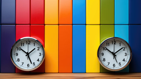 Two clocks on a wooden table with a rainbow background, AIの素材
