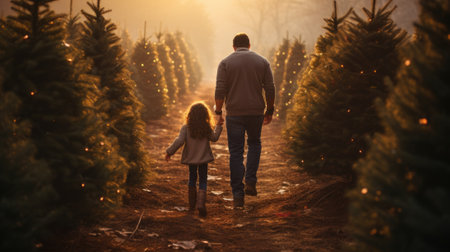 Father and daughter walking through a christmas tree farm, AIの素材