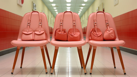 Three pink chairs with bags on them, AIの素材