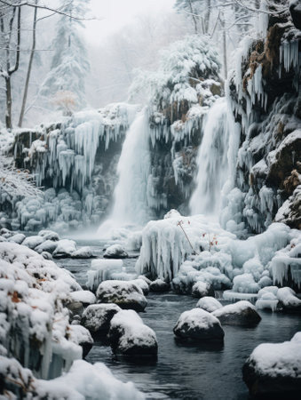 Winter waterfall in the forest, AIの素材