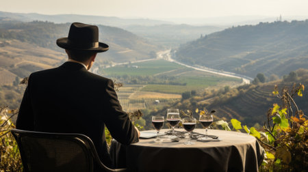 A man in a suit sits at a table with two glasses of wine, AIの素材