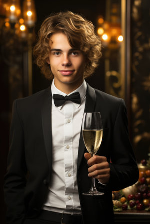 Young man in tuxedo holding a glass of wine, AIの素材