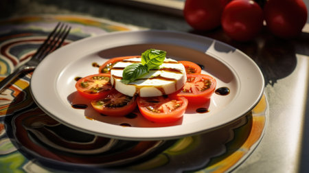 A plate of tomatoes and mozzarella on a table, AIの素材