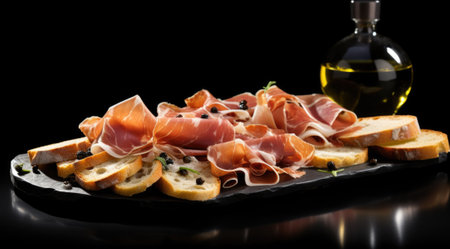 A plate of sliced ham and bread with olive oil, AIの素材