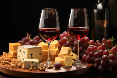 Two glasses of wine and cheese on a wooden tray, AIの素材
