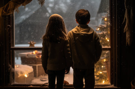 Two children stand in front of a window looking out at a christmas tree. AIの素材