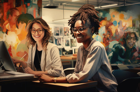 Two women sitting at a desk with a computer screen. AIの素材