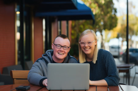 A man and woman with down syndrome sitting at a table with a laptop. AIの素材