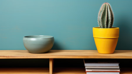 A wooden shelf with a cactus plant and a book, AIの素材