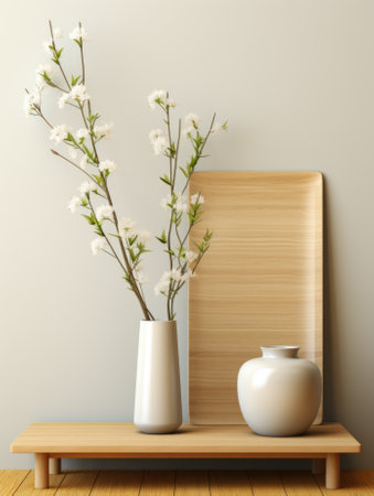 A vase with flowers and a wooden shelf with a plate, AIの素材