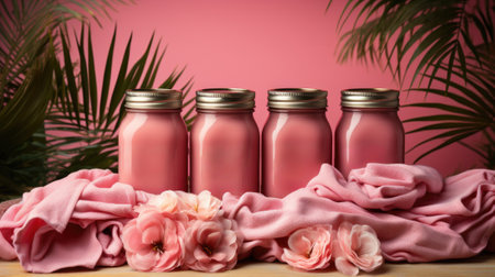 Three pink bottles with flowers and pink fabric, AIの素材