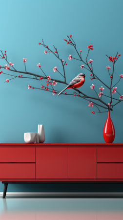 A red cabinet with a bird on it, AIの素材