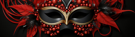 A red and black venetian mask with feathers, AIの素材