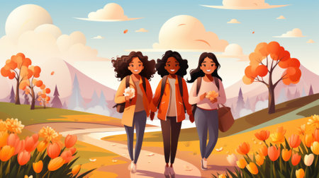 Three women walking in the autumn forest, AIの素材