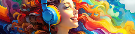 A woman with colorful hair and headphones, AIの素材