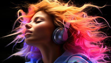 A woman with headphones and colorful hair, AIの素材