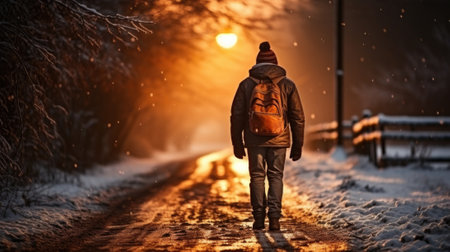 A person walking down a snowy road at sunset, AIの素材