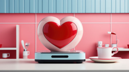 A heart shaped microwave on a counter with a cup of coffee, AIの素材