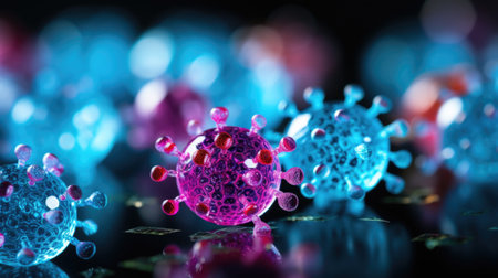 A group of colorful viruses on a black surface, AIの素材