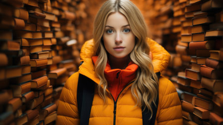 A beautiful blonde woman in an orange jacket standing in front of a wall of books, AIの素材
