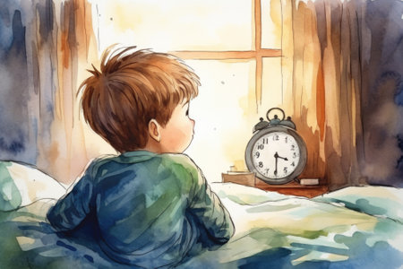 Watercolor illustration of a little boy looking at an alarm clock, AIの素材