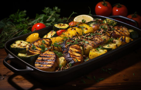 Grilled vegetables in a black dish on a wooden table, AIの素材