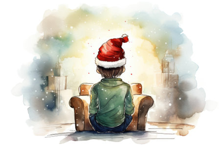 A watercolor illustration of a boy sitting on a couch with a santa hat on, AIの素材