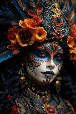 A woman with a colorful makeup and headdress, AIの素材
