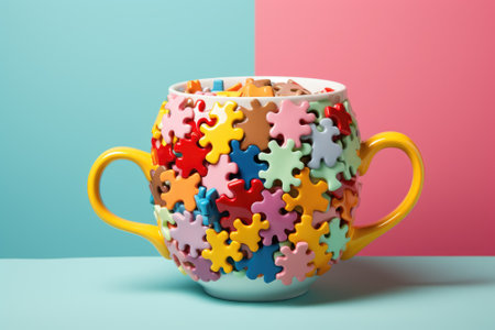 A cup with colorful puzzle pieces inside, AIの素材