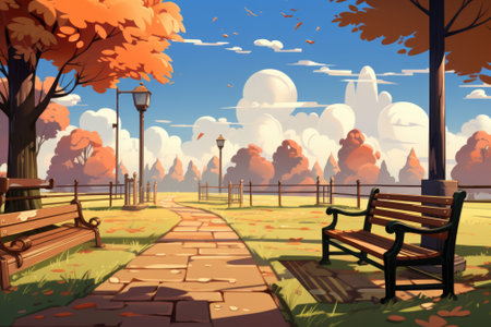 A park with a bench and a lamp post. AI.の素材