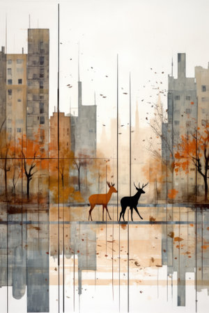 A painting of a deer and a deer in a city park. AI.の素材