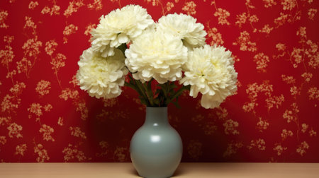 A blue vase filled with white flowers on a table. AI.の素材