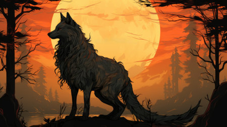 A wolf standing in front of a full moon. AI.の素材
