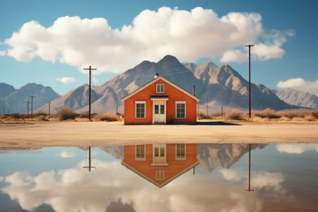 A small red house sitting in the middle of a desert. AI.の素材
