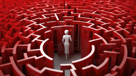 A man standing in a maze of red mazes. AI.の素材