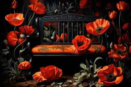 A painting of a bench surrounded by red flowers. AI.の素材