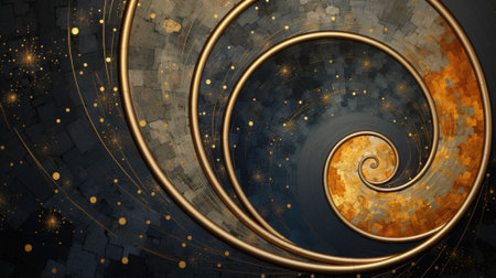 A spiral design with gold stars on a black background. AI.の素材