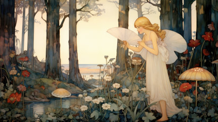 A painting of a fairy reading a book in a forest. AI.の素材