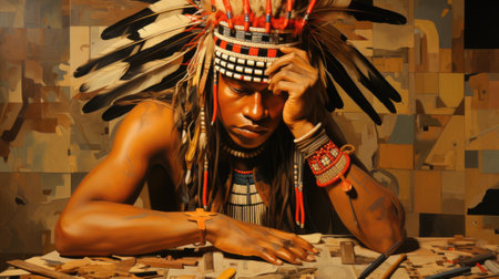 A painting of a native american man with feathers on his head. AI.の素材