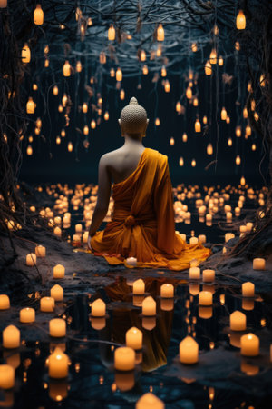 A buddha statue sitting in the middle of a pond of candles. AI.の素材