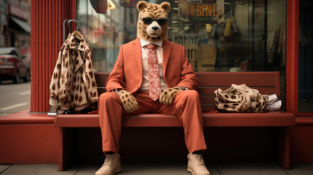 A man in a leopard suit sitting on a bench. AI.の素材