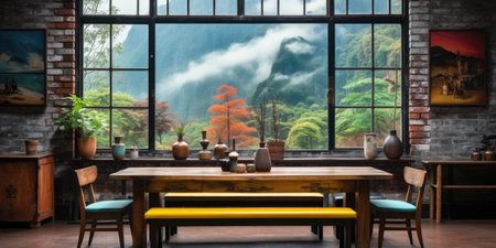 A dining room with a table and a bench in front of a window. AI.の素材