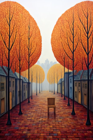 A painting of a street with trees and a bench. AI.の素材