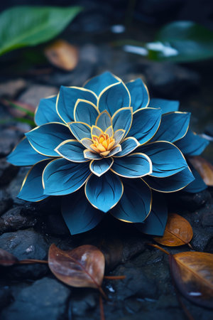 A blue flower sitting on top of a pile of rocks. AI.の素材