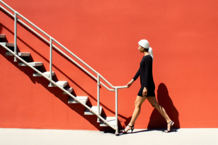 A woman walking down a set of stairs. AI.の素材