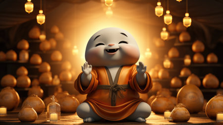A cartoon character sitting in a room full of eggs. AI.の素材